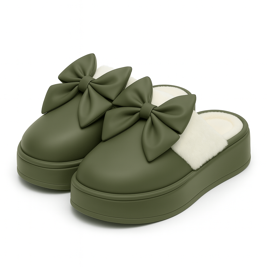 Bow Winter Fluffy Slippers For Women