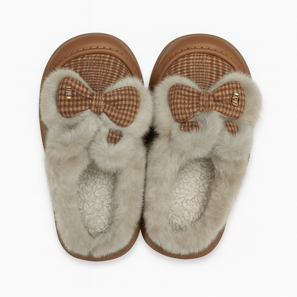 Bow Pattern Winter Fluffy Slippers For Women