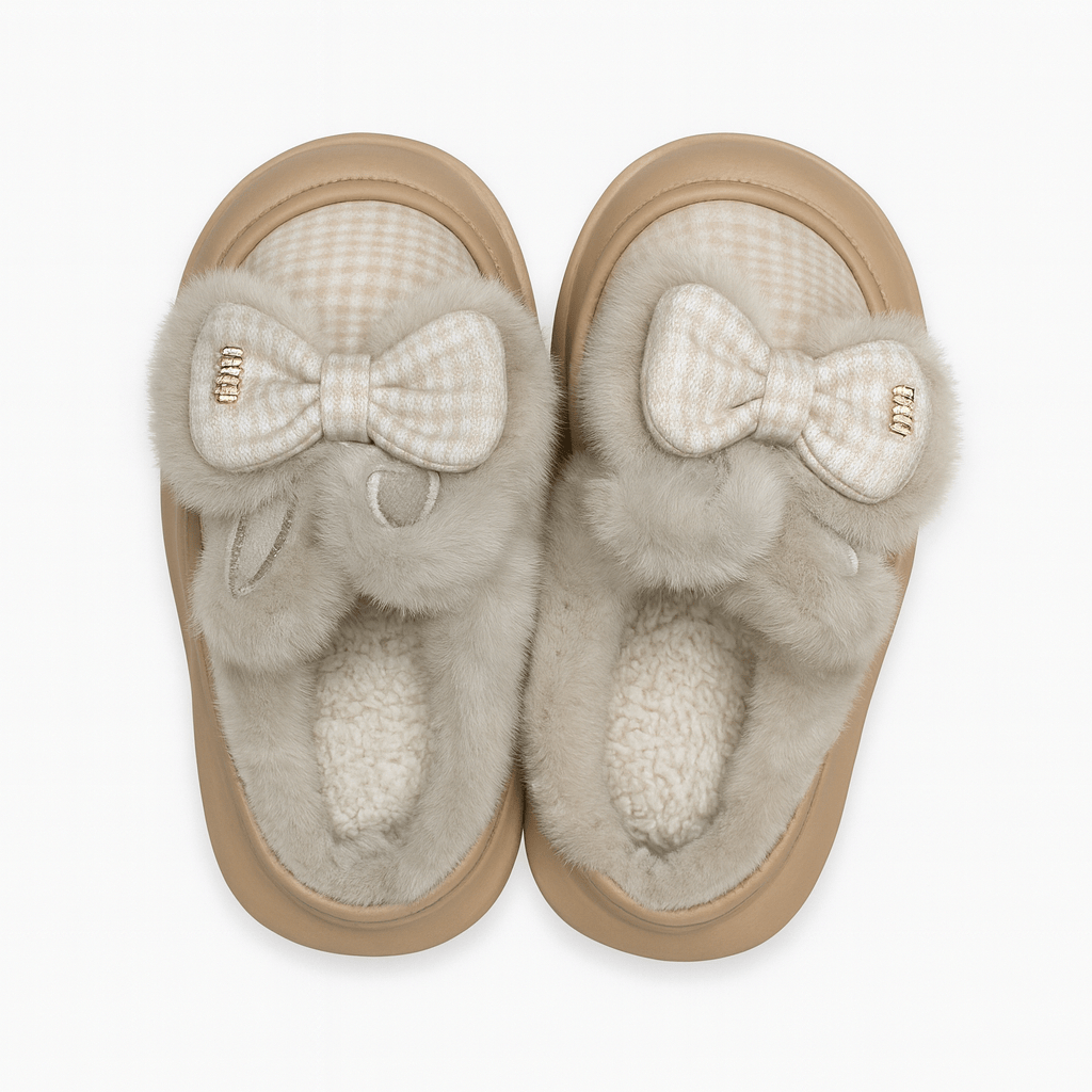 Bow Pattern Winter Fluffy Slippers For Women