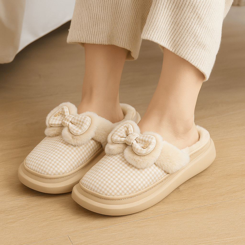 Bow Pattern Winter Fluffy Slippers For Women
