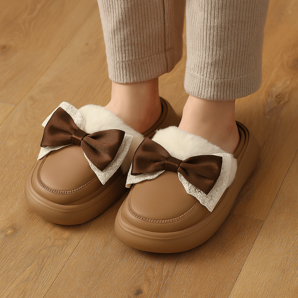 Double Bow Winter Fluffy Slippers For Women