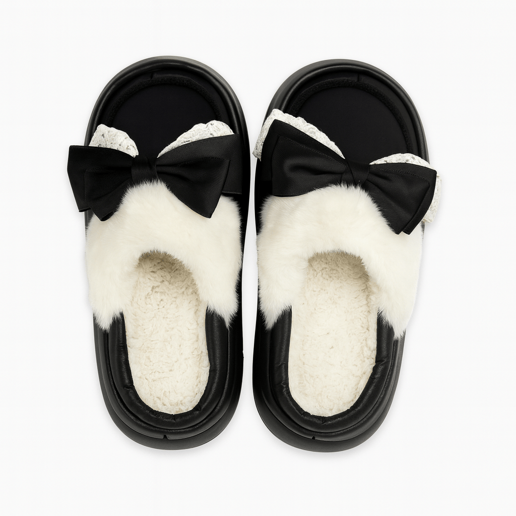 Double Bow Winter Fluffy Slippers For Women