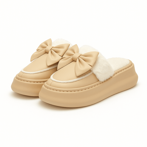 Double Bow Winter Fluffy Slippers For Women