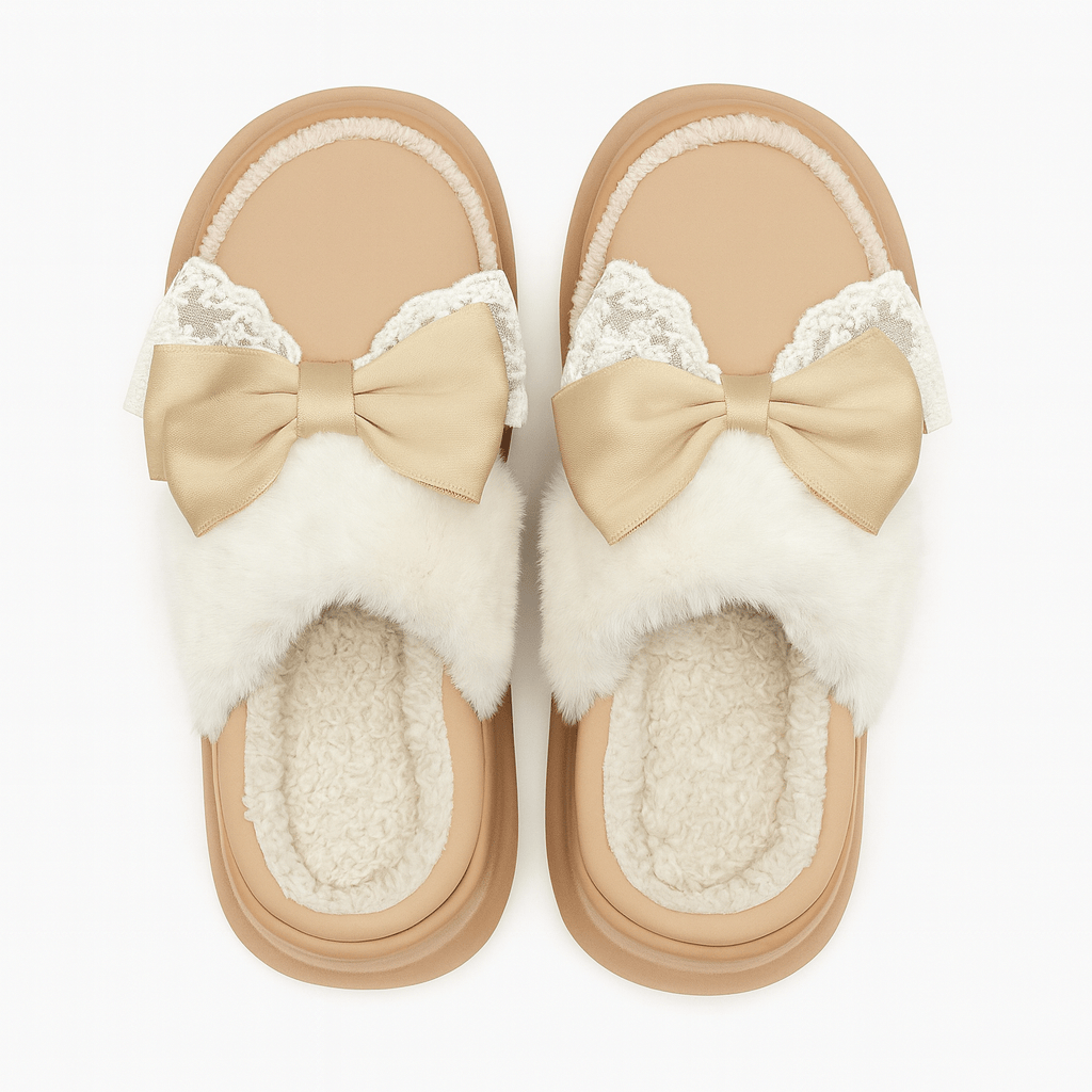 Double Bow Winter Fluffy Slippers For Women