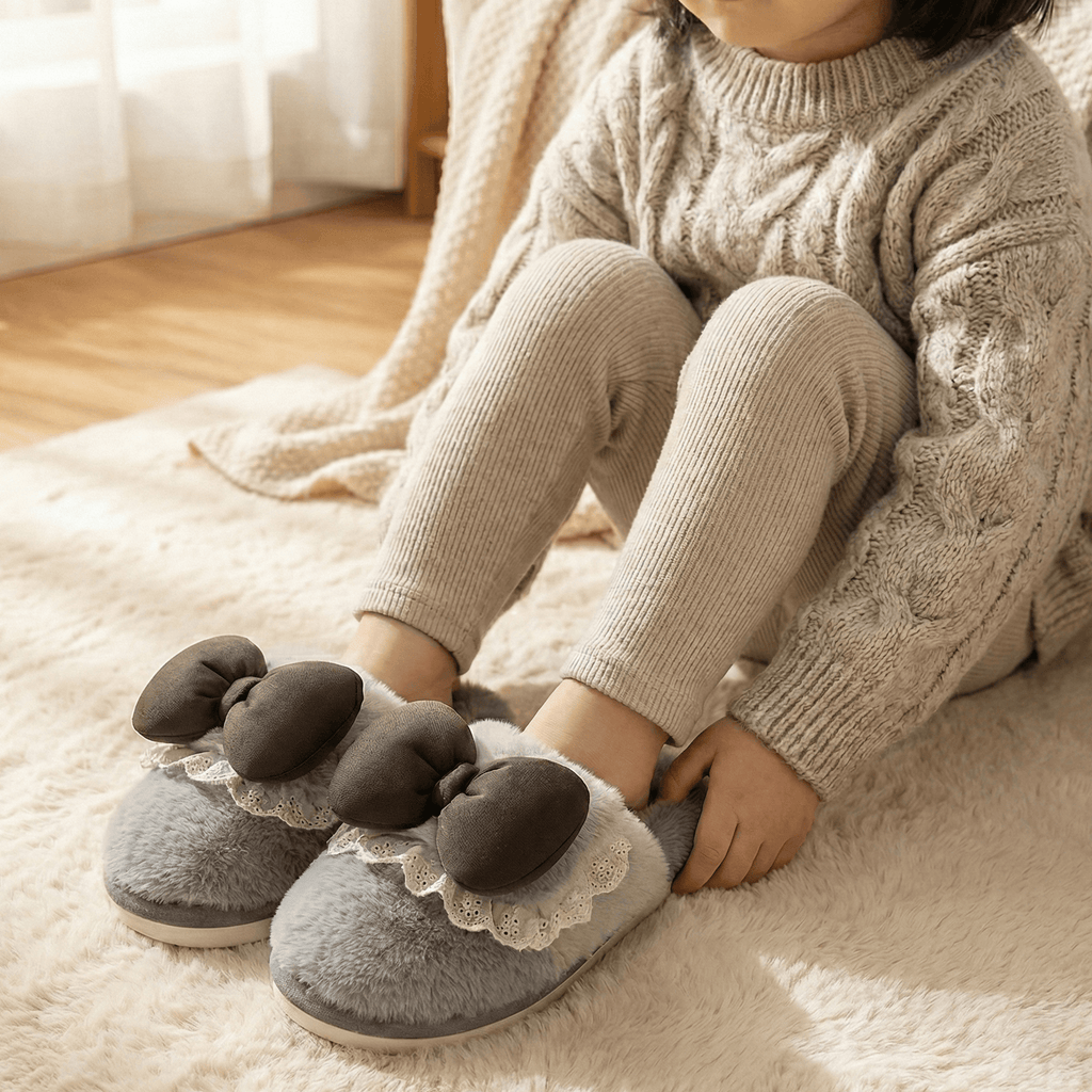 Kids Bow Winter Fluffy Slippers