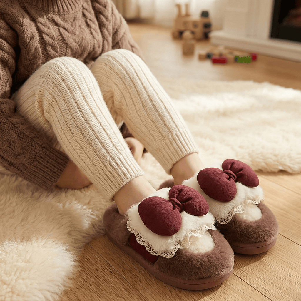 Kids Bow Winter Fluffy Slippers